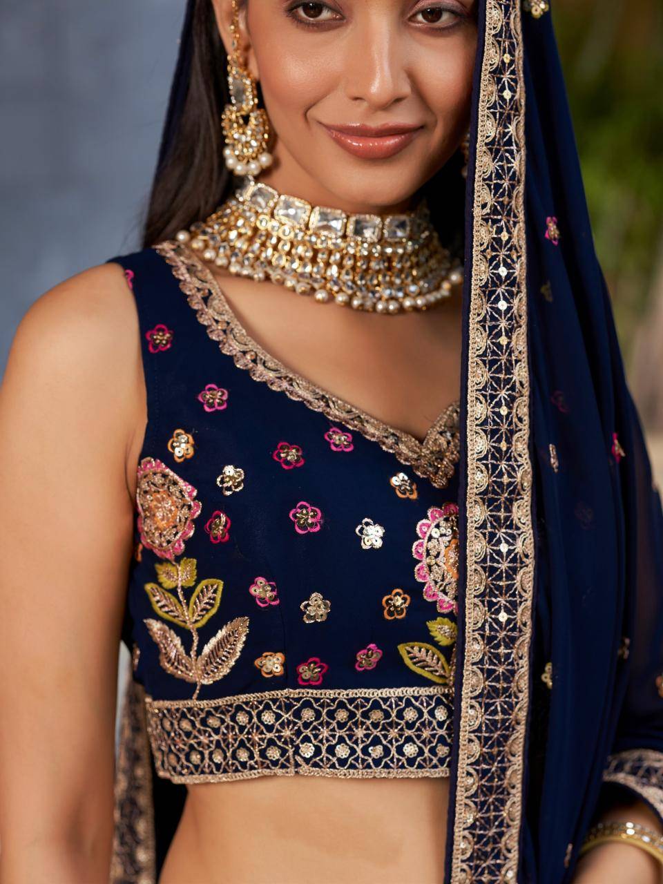 Navy Blue Floral Embroidered Georgette Bulk lehengha choli market in Delhi 