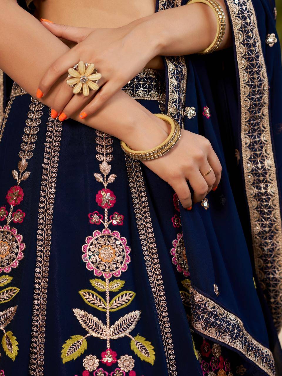 Navy Blue Floral Embroidered Georgette Bulk lehengha choli market in Delhi 