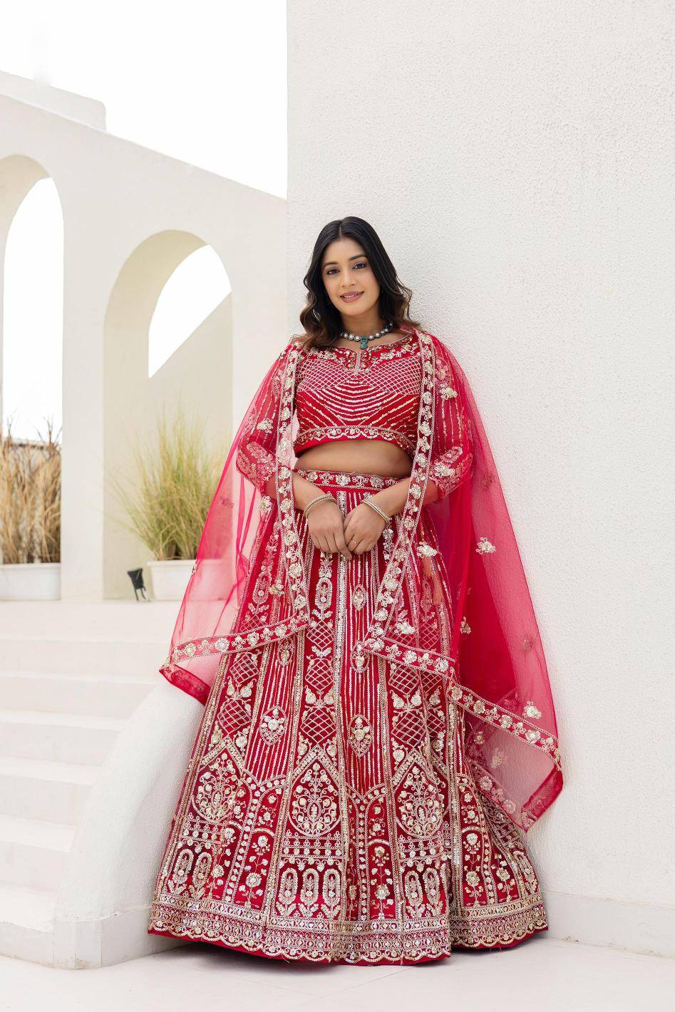 Royal elegance ON 5164 Butterfly Net Red Wholesale Lehengha choli Suppliers