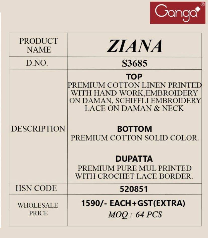 Ganga Ziana 3685  Wholesale Dress materials  market in Delhi