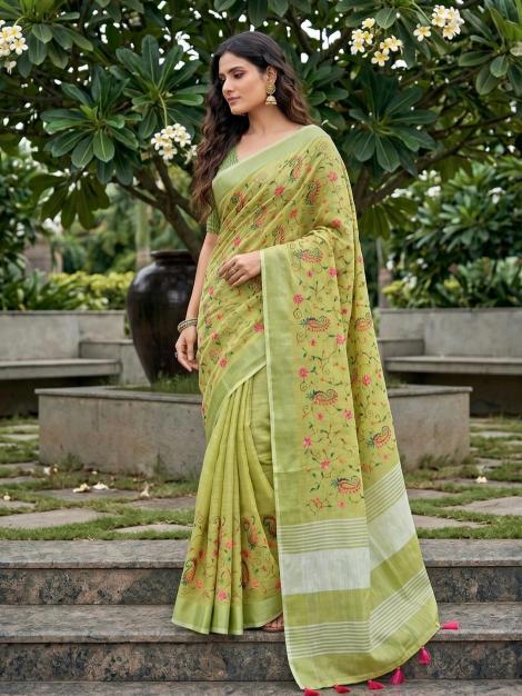 KARISHMA BY SHREE SHYAM FASHION fancy designer LINEN FABRIC WITH EMBRODARY WORK fabric saree wholesale with Fancy latkan