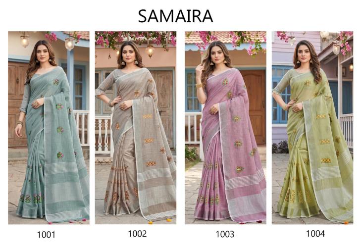 SAMAIRA BY SHREE SHYAM FASHION fancy designer LINEN FABRIC WITH EMBRODARY WORK fabric saree wholesale with Fancy latkan