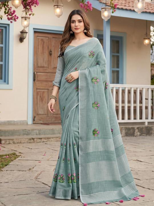 SAMAIRA BY SHREE SHYAM FASHION fancy designer LINEN FABRIC WITH EMBRODARY WORK fabric saree wholesale with Fancy latkan
