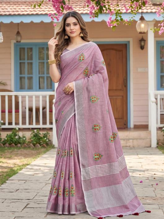 SAMAIRA BY SHREE SHYAM FASHION fancy designer LINEN FABRIC WITH EMBRODARY WORK fabric saree wholesale with Fancy latkan